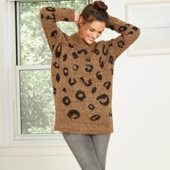 Universal Thread Sweaters - UNIVERSAL THREAD Brown Leopard Animal Print Chunky Knit Mockneck Sweater Sz S